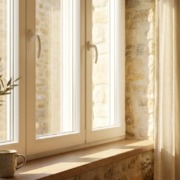 Finestra moderna in PVC bianco con tripla vetrocamera in un soggiorno luminoso