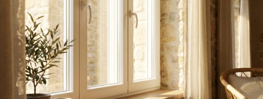 Finestra moderna in PVC bianco con tripla vetrocamera in un soggiorno luminoso