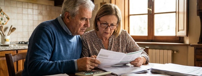Coppia di proprietari di casa confronta preventivi per i serramenti al tavolo della cucina
