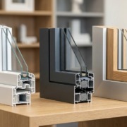 Tre campioni di profili finestra a confronto: PVC bianco, alluminio grigio e legno-alluminio