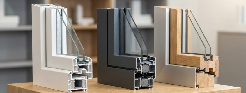 Tre campioni di profili finestra a confronto: PVC bianco, alluminio grigio e legno-alluminio